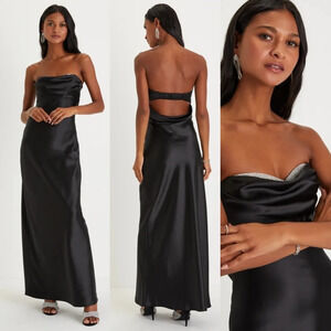 Lulus Exquisite Shine Black Satin Rhinestone Strapless Maxi Dress S Wedding Prom